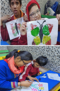 collage of two pictures having children doing paint work