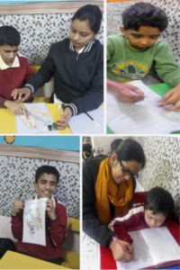 collage of 4 pics children do differnt acadmic actvities with help of their teacher